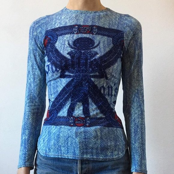 New vintage Gaultier Egyptian scarab mesh semi-sheer Y2K 90's microprint blouse - Picture 2 of 16